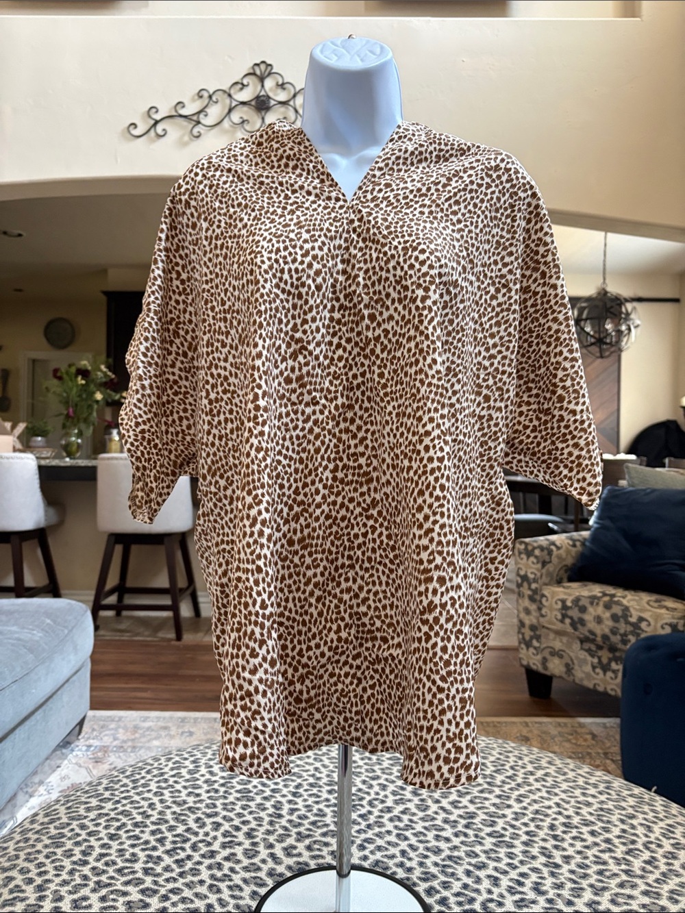 SHEIN Brown and Cream Leopard Print V-Neck Blouse
